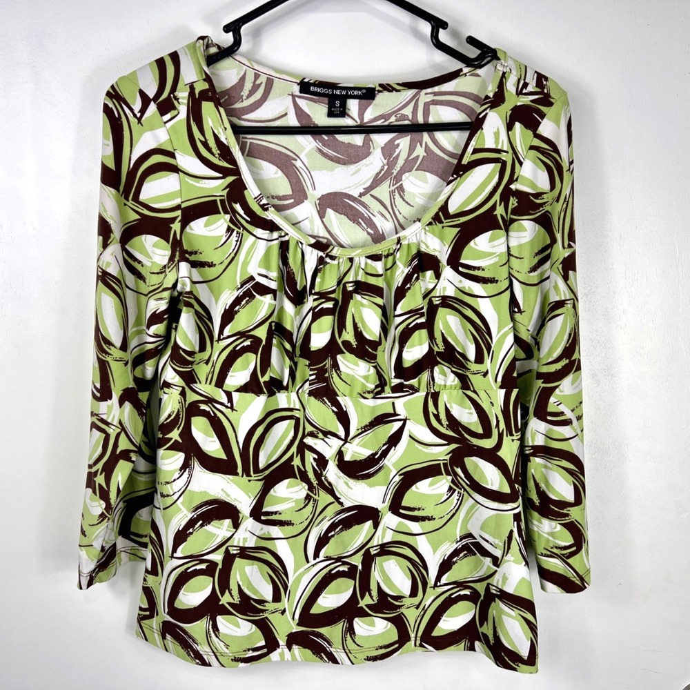Y2K Womens Abstract Print Top Size S Green‎ Brown White 3/4 Sleeve 90s